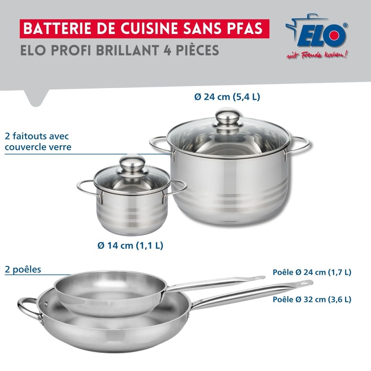 Batterie 2 poêles 24/32cm + 2 faitouts 14/24cm PROFI BRILLANT gris, ELO