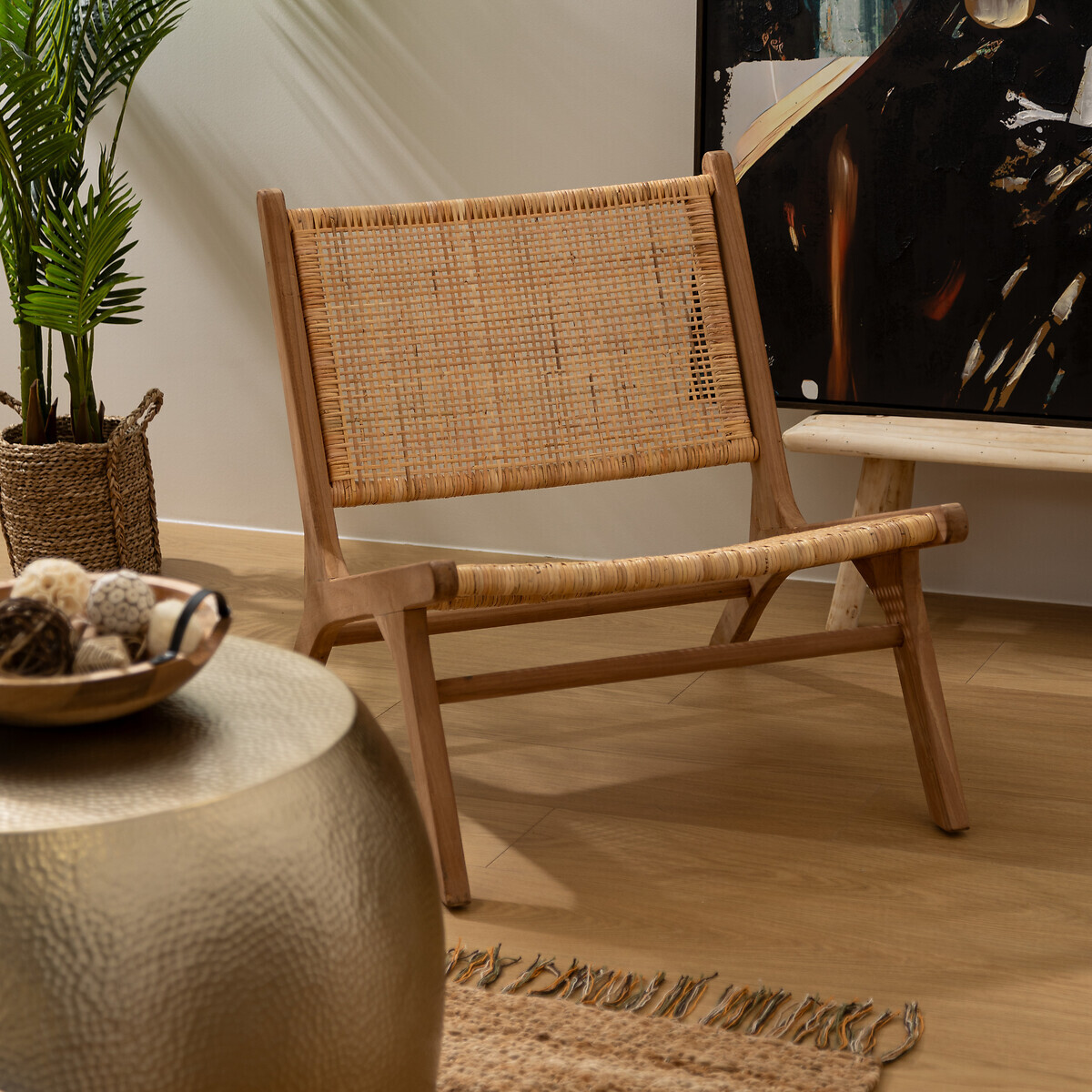 Fauteuil en teck et rotin tressé TIMOR beige lin, ATMOSPHERA