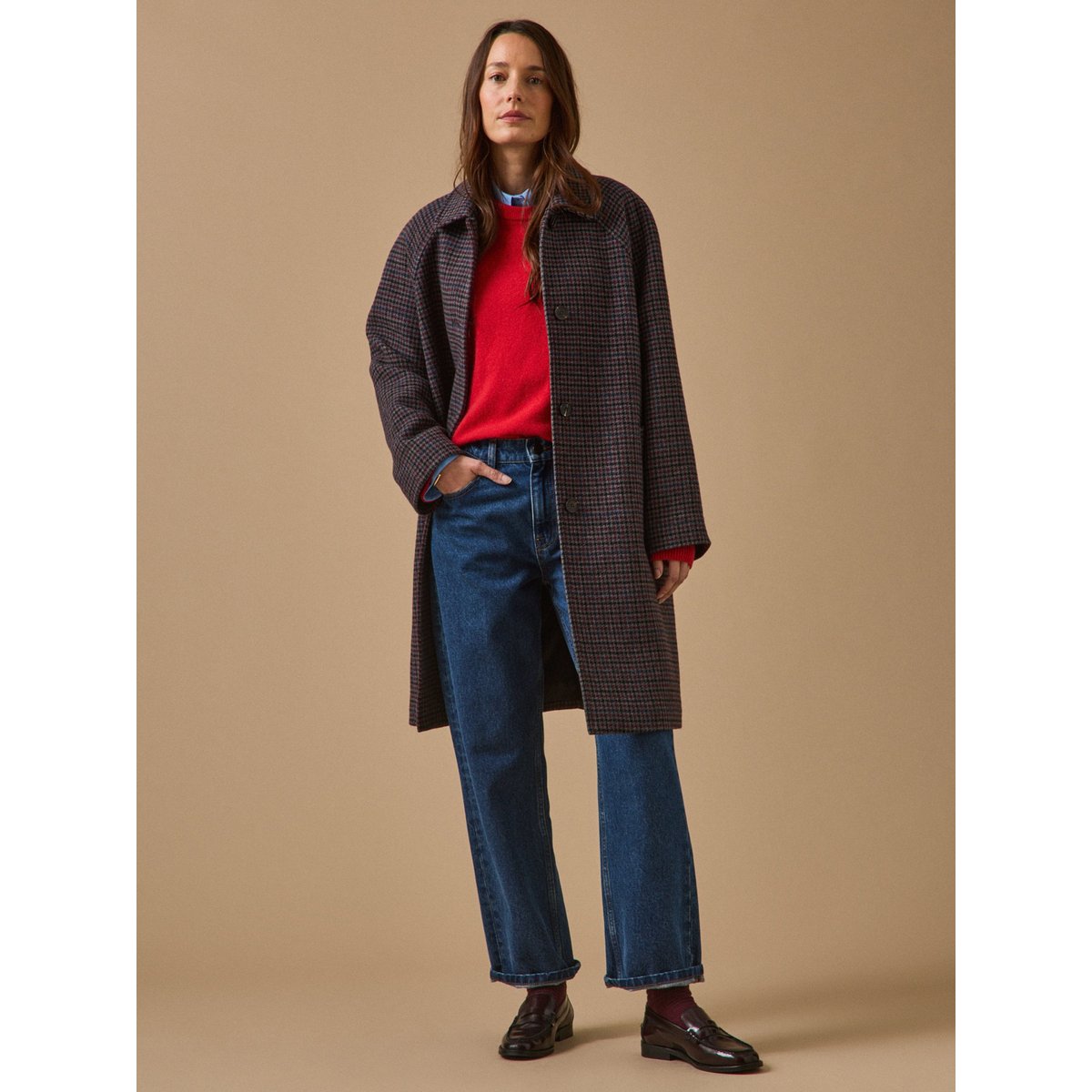 Manteau mi-long lainage pied-de-poule pied de poule marine, CYRILLUS