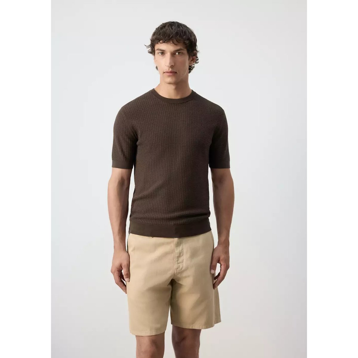 T-shirt 100 % coton en maille structurée marron, MANGO MAN