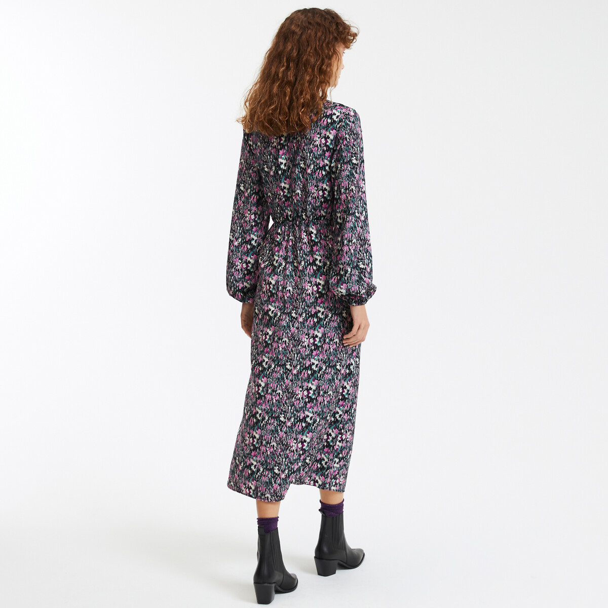 Straight Midi-Length Dress with Print and V-Neck black print/pink, LA REDOUTE COLLECTIONS