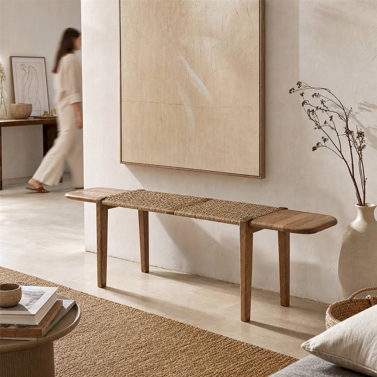 Banc contemporain en teck marron et naturel, RECOLLECTION