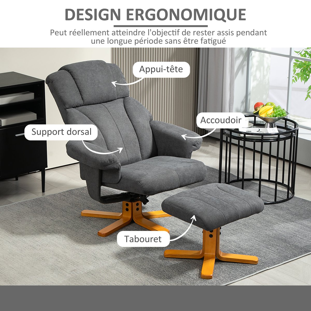 Fauteuil inclinable avec repose-pieds Velours gris foncé, HOMCOM