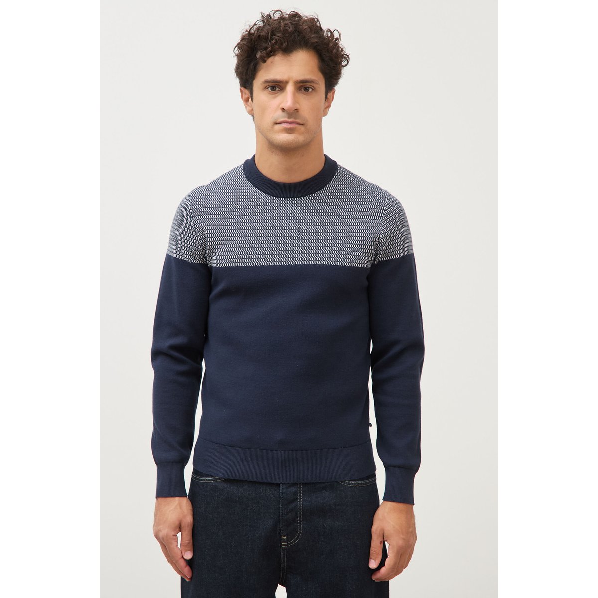 Pull droit fin col rond manches longues bleu marine, BONOBO