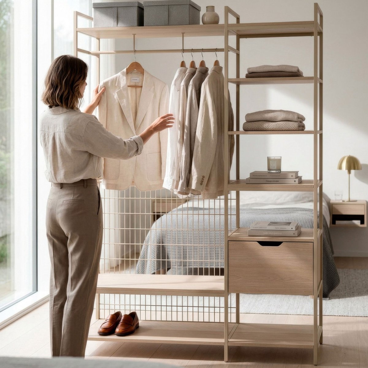 Dressing ouvert modulable 2 éléments en métal et bois L140xH179,5cm - AQABA beige, DRAWER