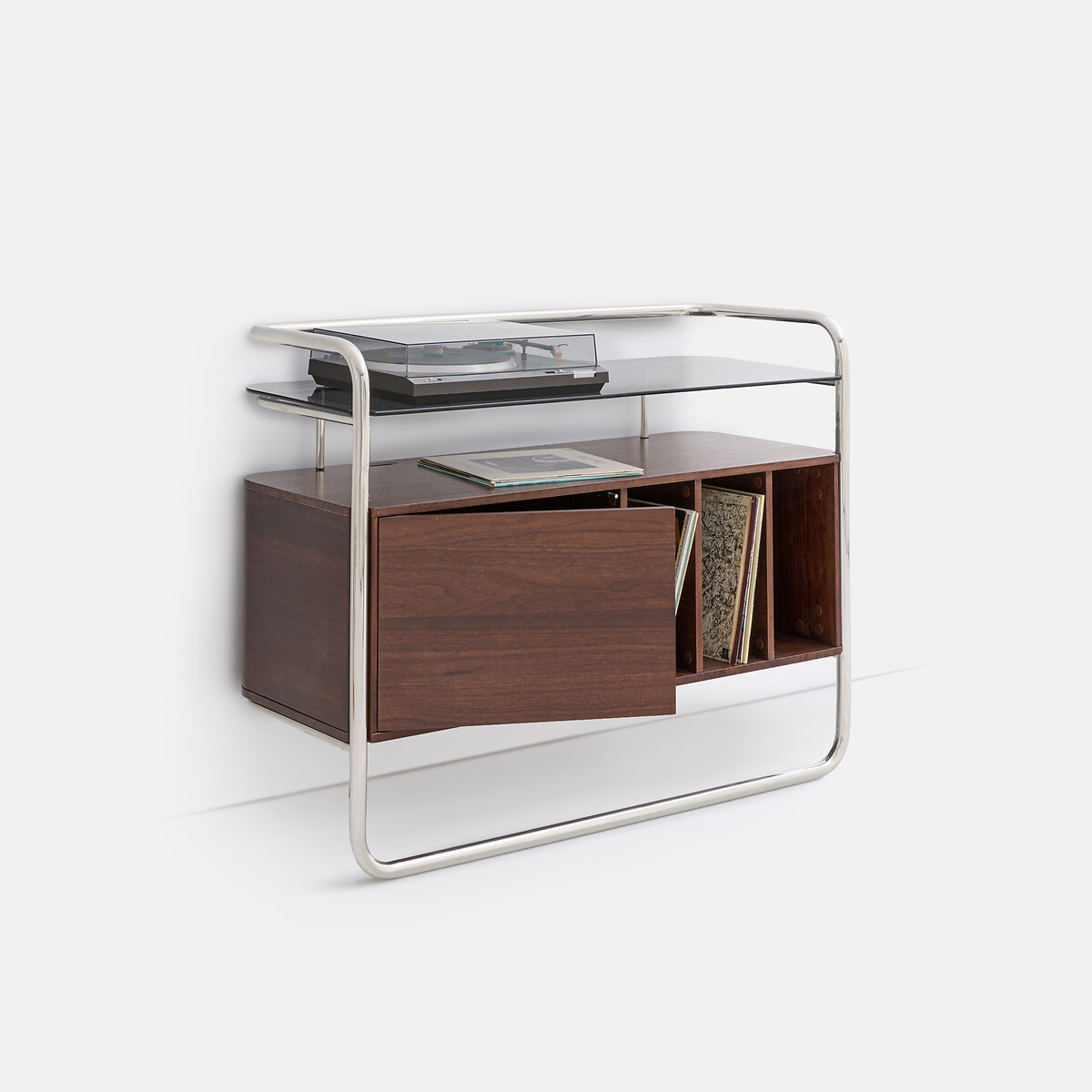 Meuble vinyle caisson 1 porte, métal acier chromé et MDF plaqué noyer, GIORGIO coloris noyer/chrome, LA REDOUTE INTERIEURS