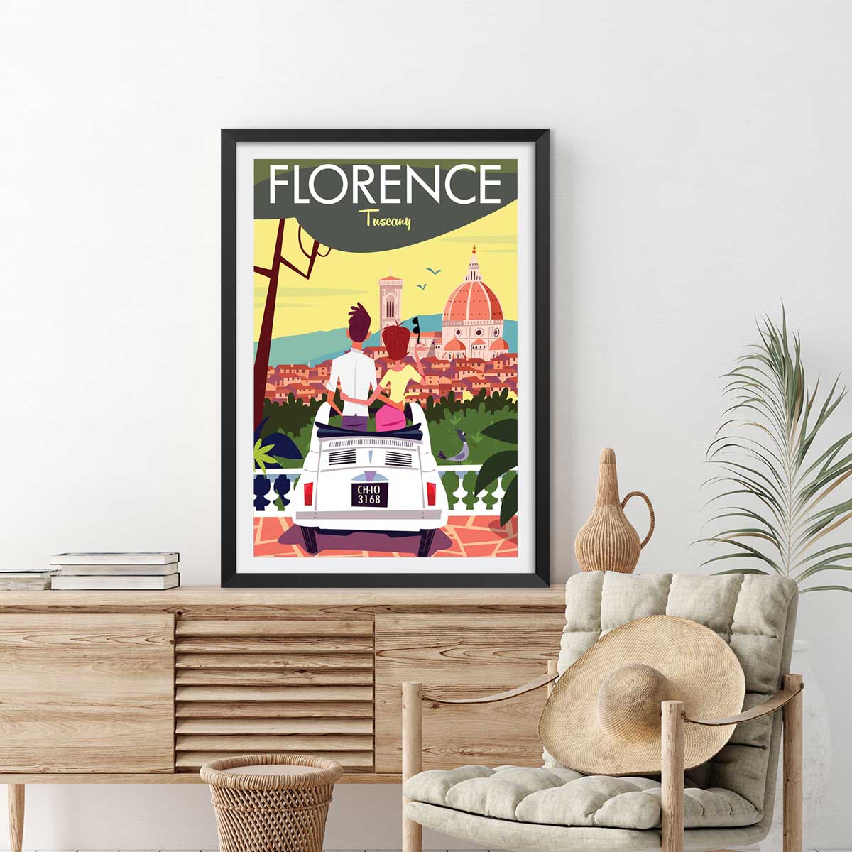 Affiche voyage à florence affiche + cadre en bois - noir, HEXOA