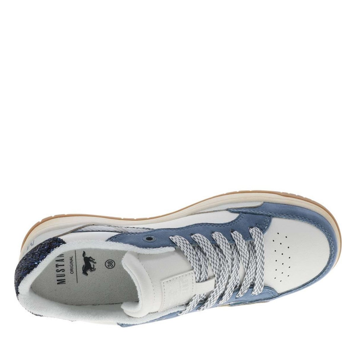 Sneakers écrues à talon plat avec des lacets et motif léopard bleu, MUSTANG