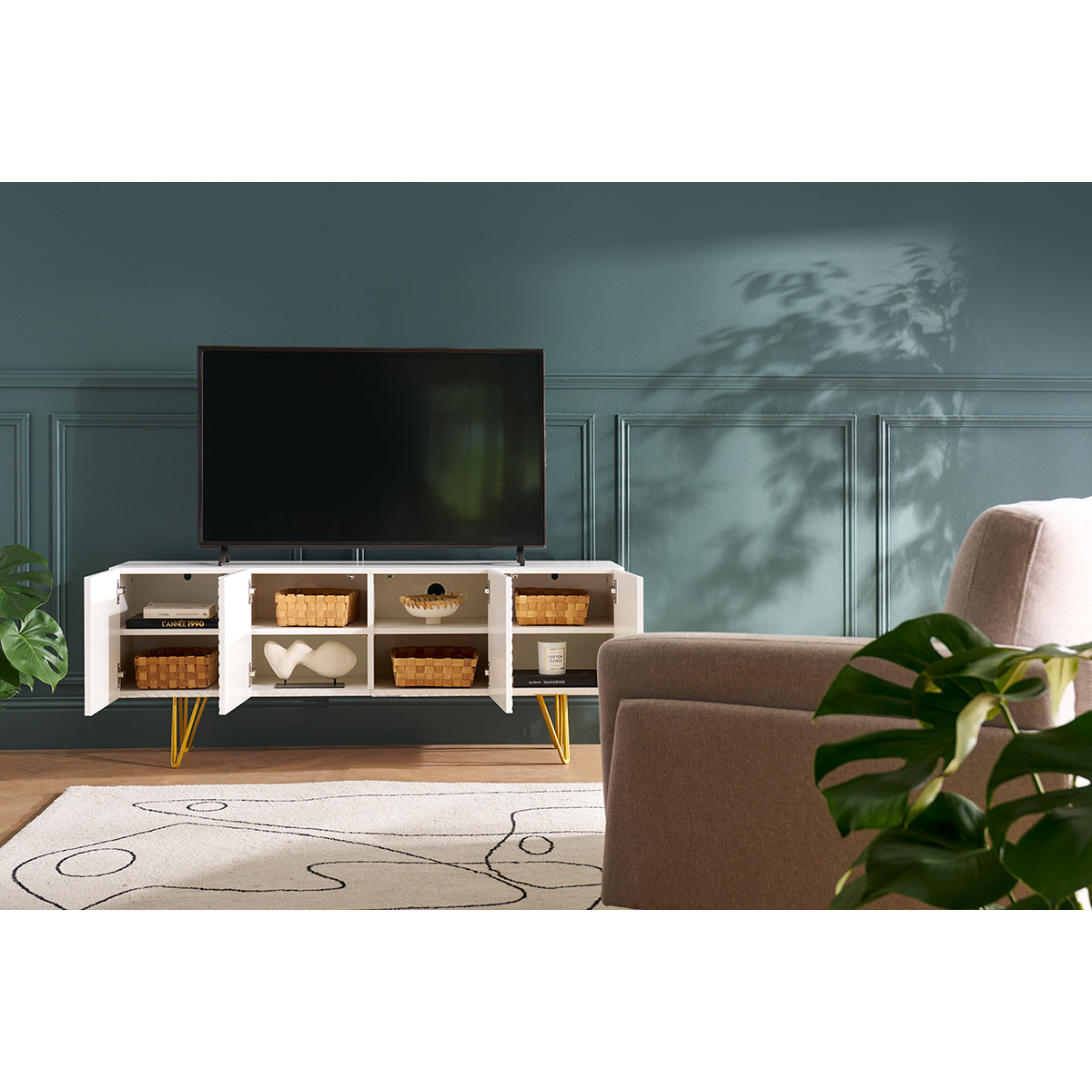 Meuble TV design gravé L140 cm OZEN blanc, MILIBOO
