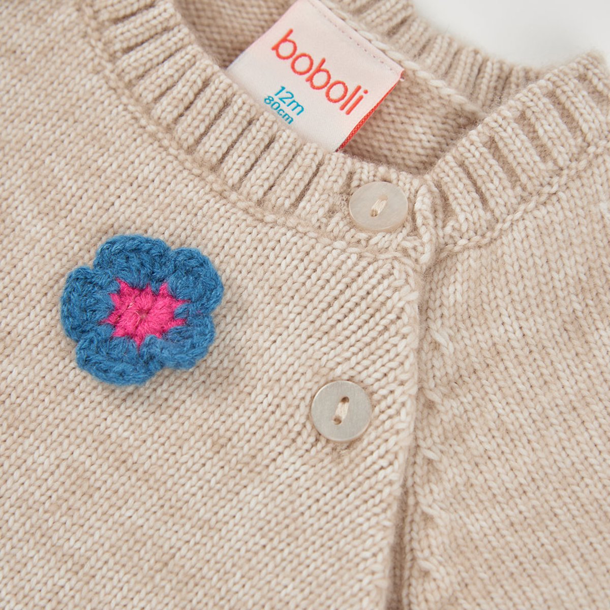 Pull fille avec fleurs au crochet beige, BOBOLI