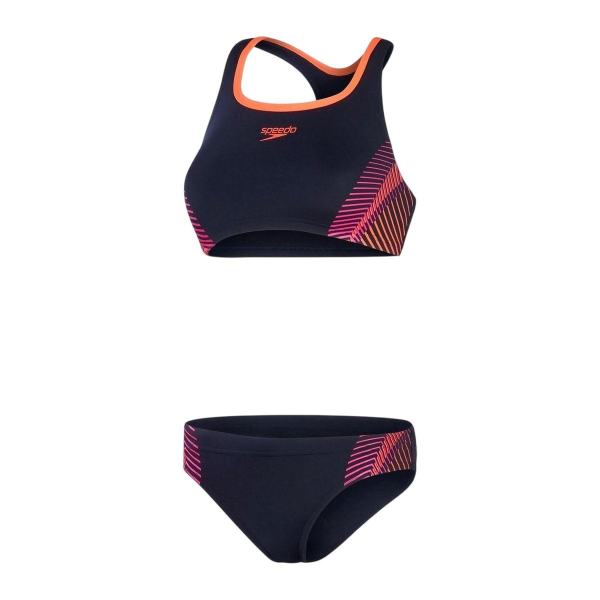 Maillot de bain 2 pièces motif/style à rayures bleu marine / rose, SPEEDO