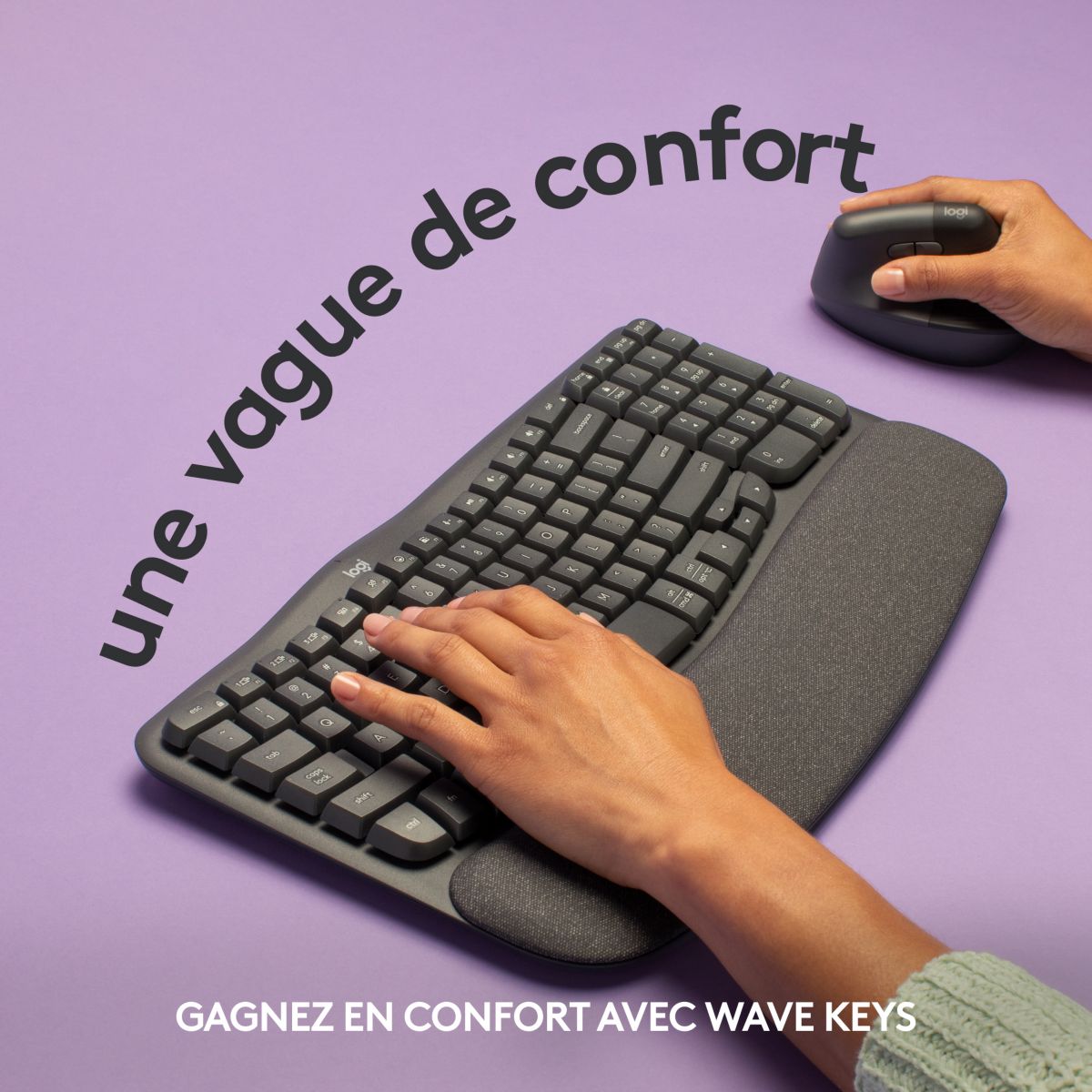 Clavier sans fil Wave Keys ergonomique +  repose poignets couleur unique, LOGITECH