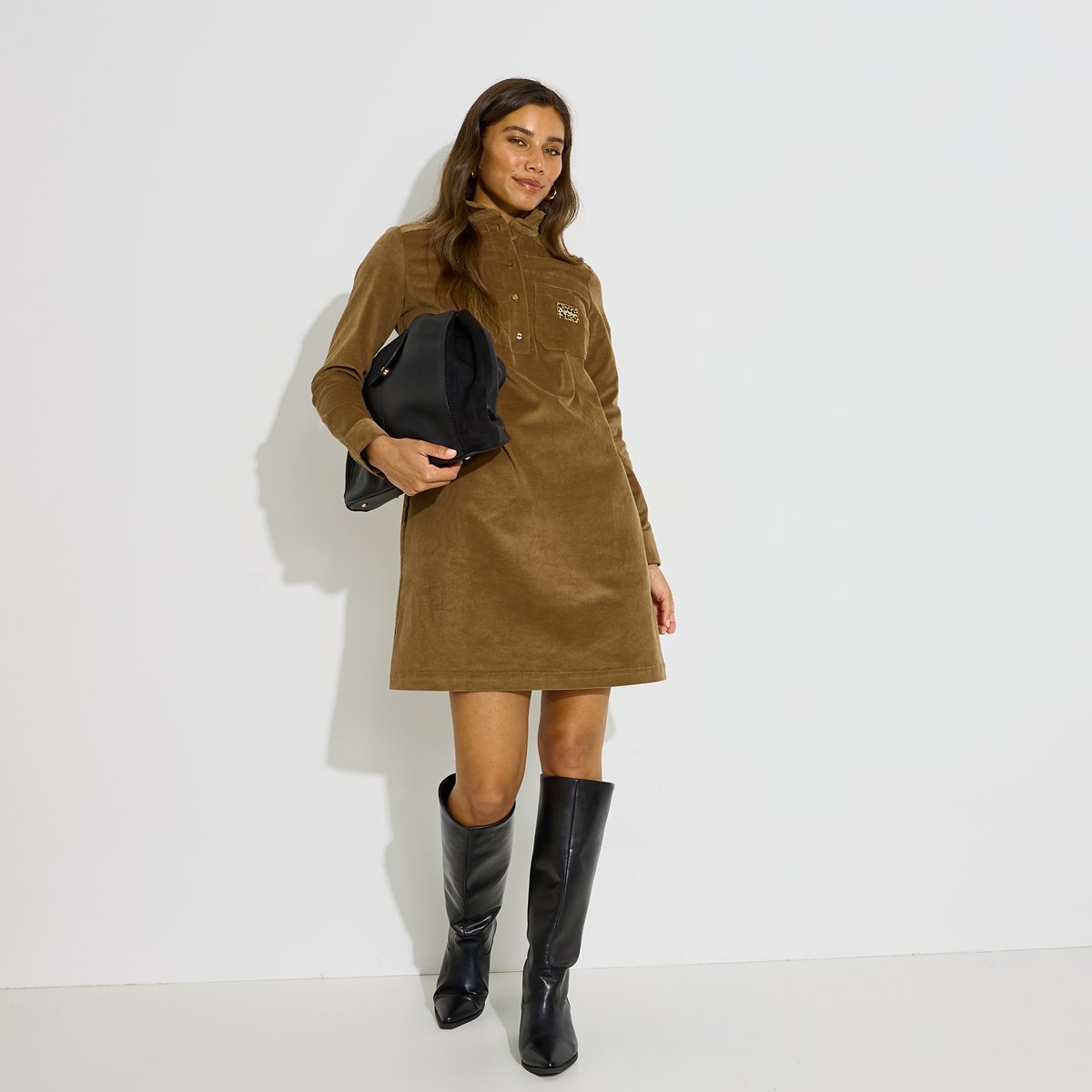 Robe courte velours côtelé col froufrou marron camel, GRAIN DE MALICE