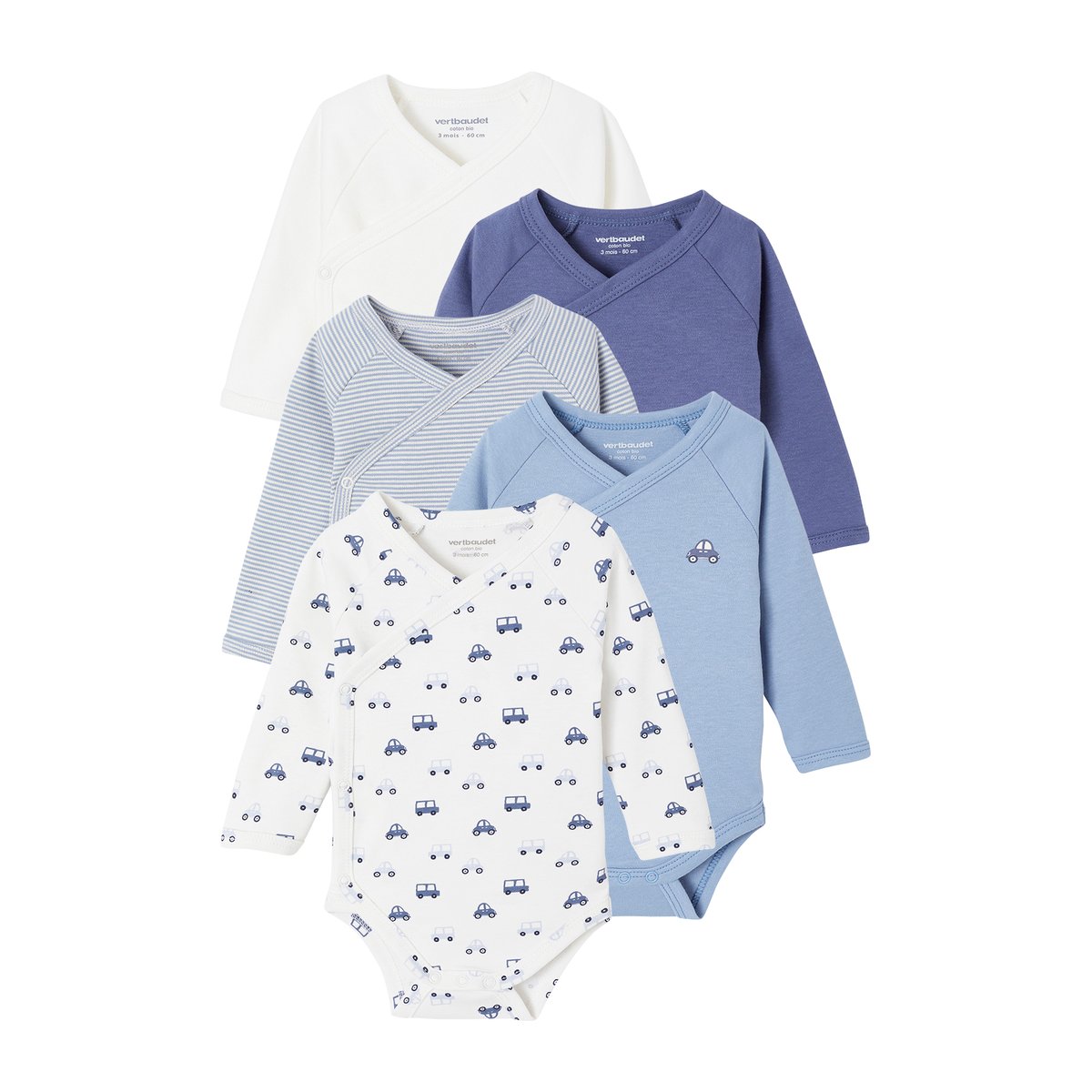 Lot de 5 bodies ouverture naissance bleu, VERTBAUDET