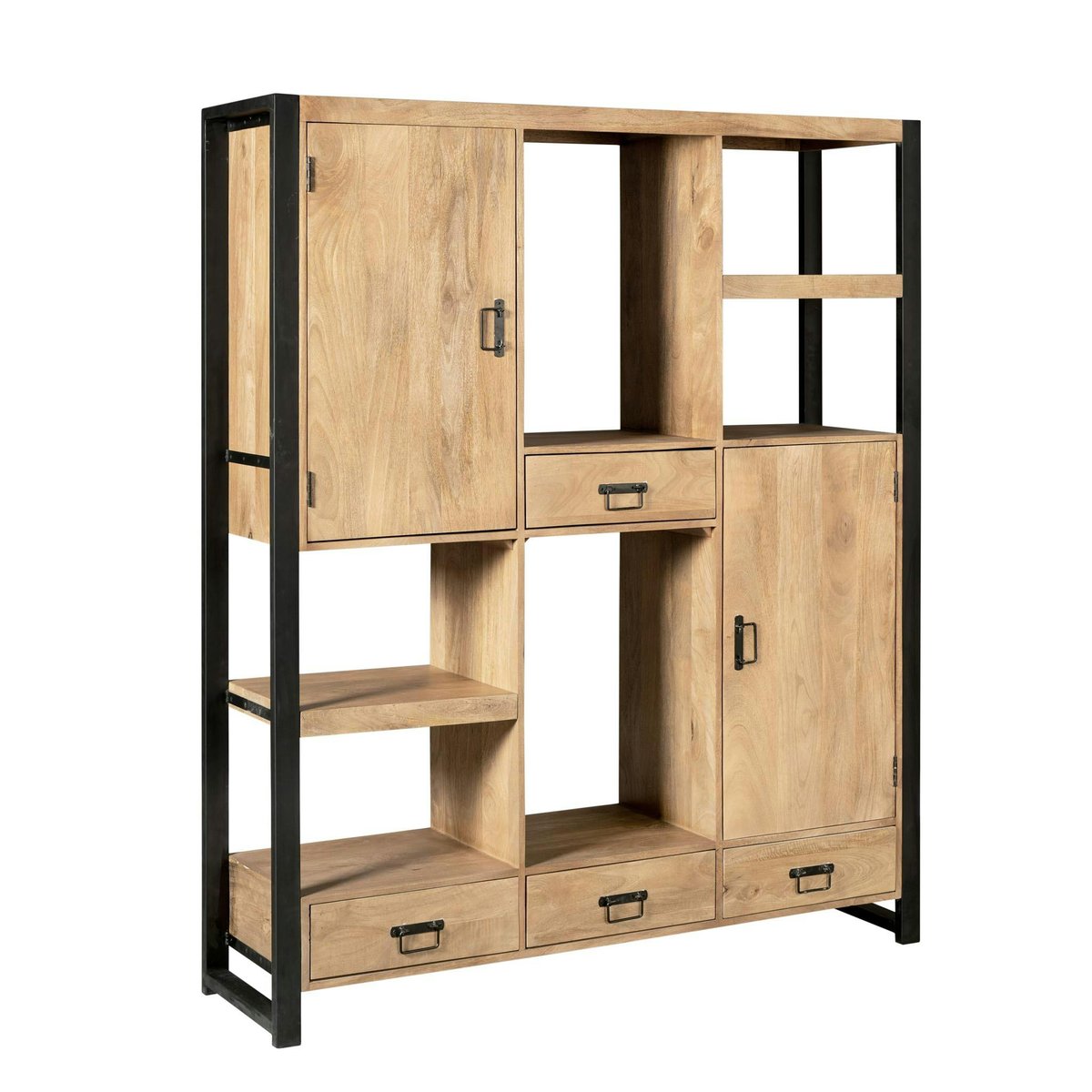Bibliothèque salon bois clair métal noir avec rangement MILORA bois naturel, PIER IMPORT