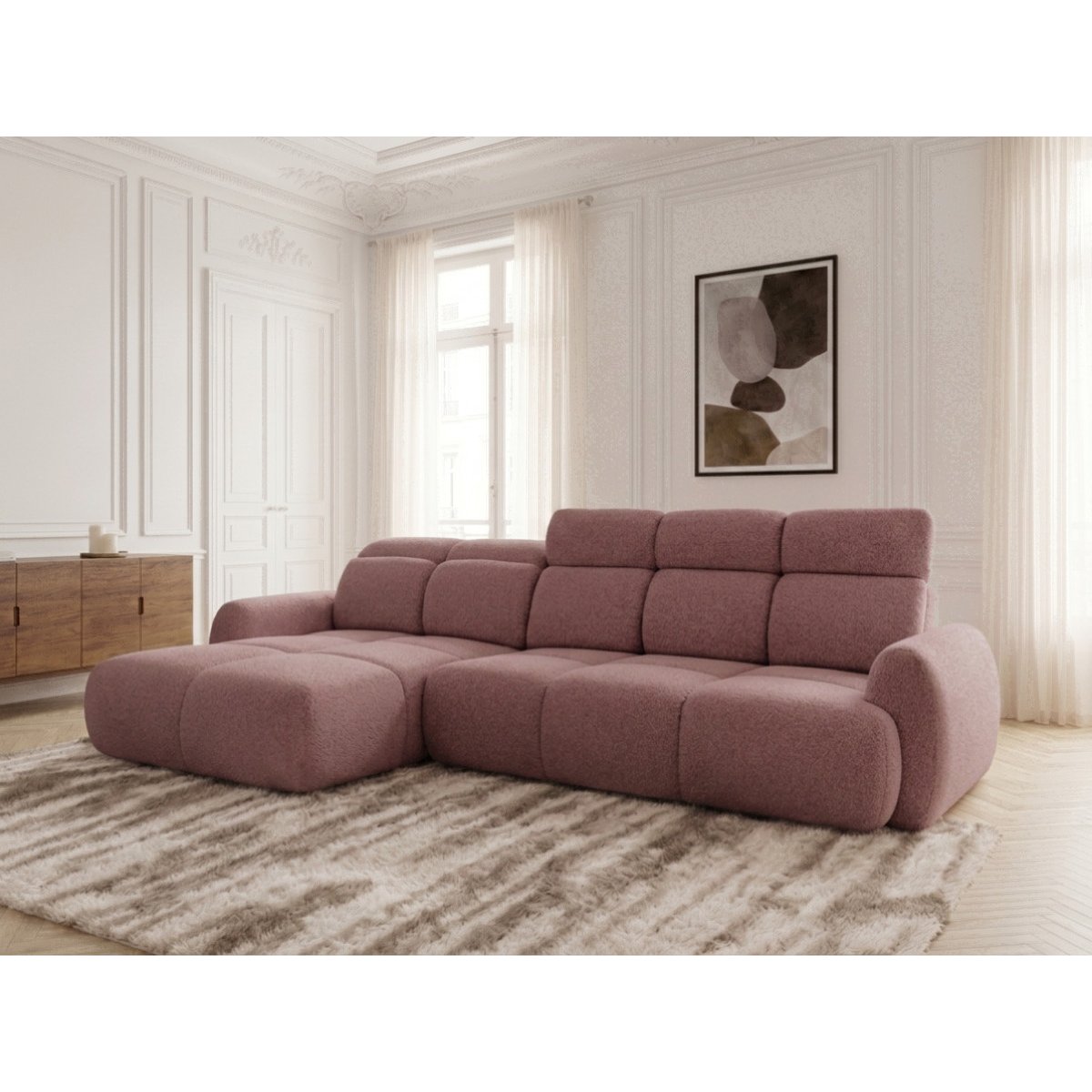 Canapé d'angle convertible 3 places en tissu chenille, RUBY rouge, BOBOCHIC