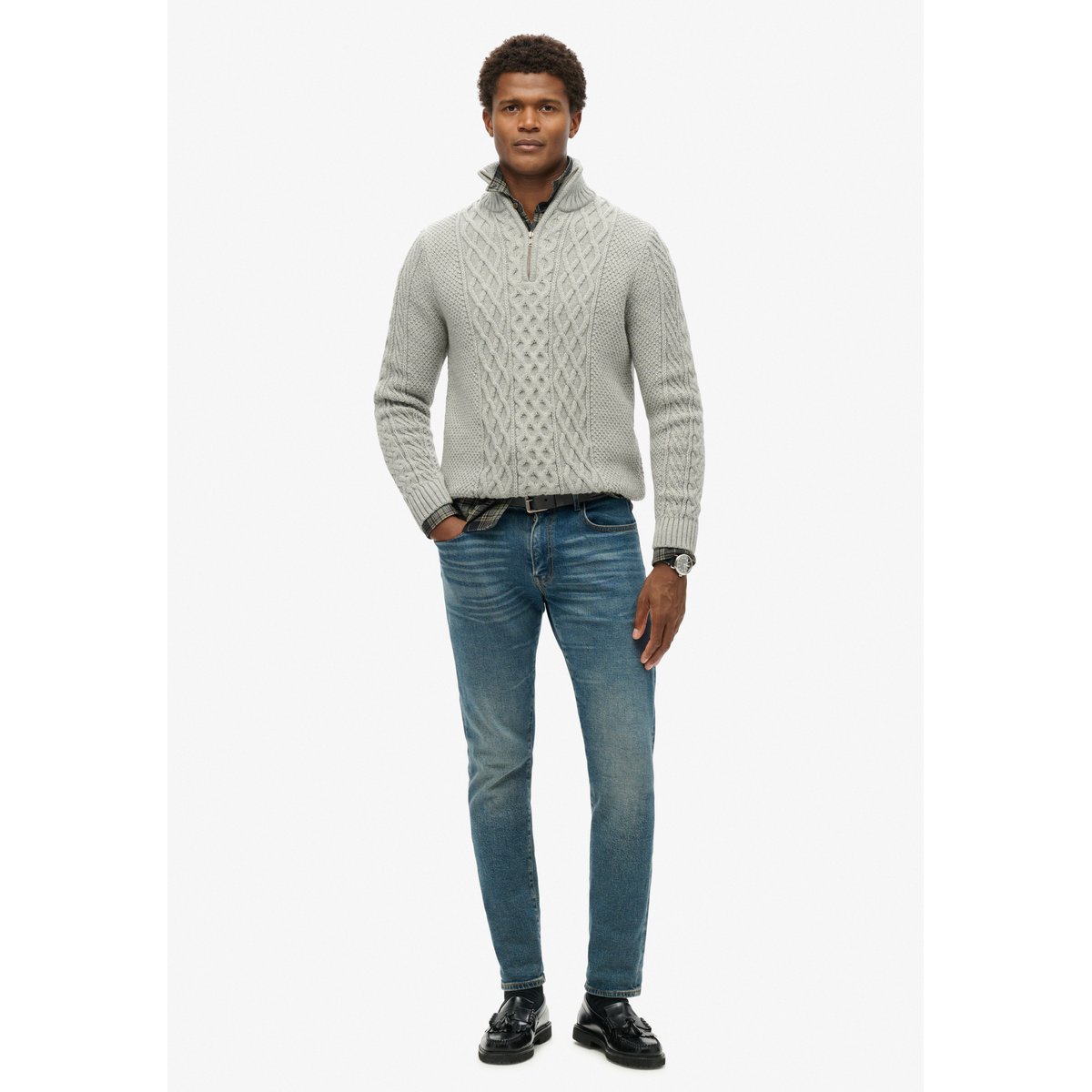 Pull torsadé à col zippé Jacob gris moyen, SUPERDRY