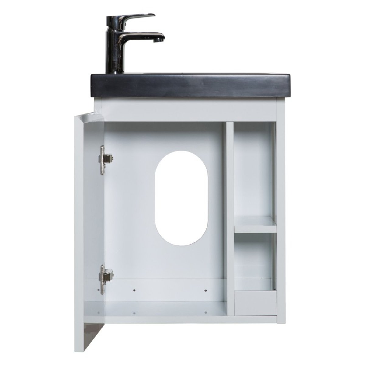 Ensemble lave-mains avec rangement latéral et miroir tablette noire HAMPTON blanc brillant, MOB IN