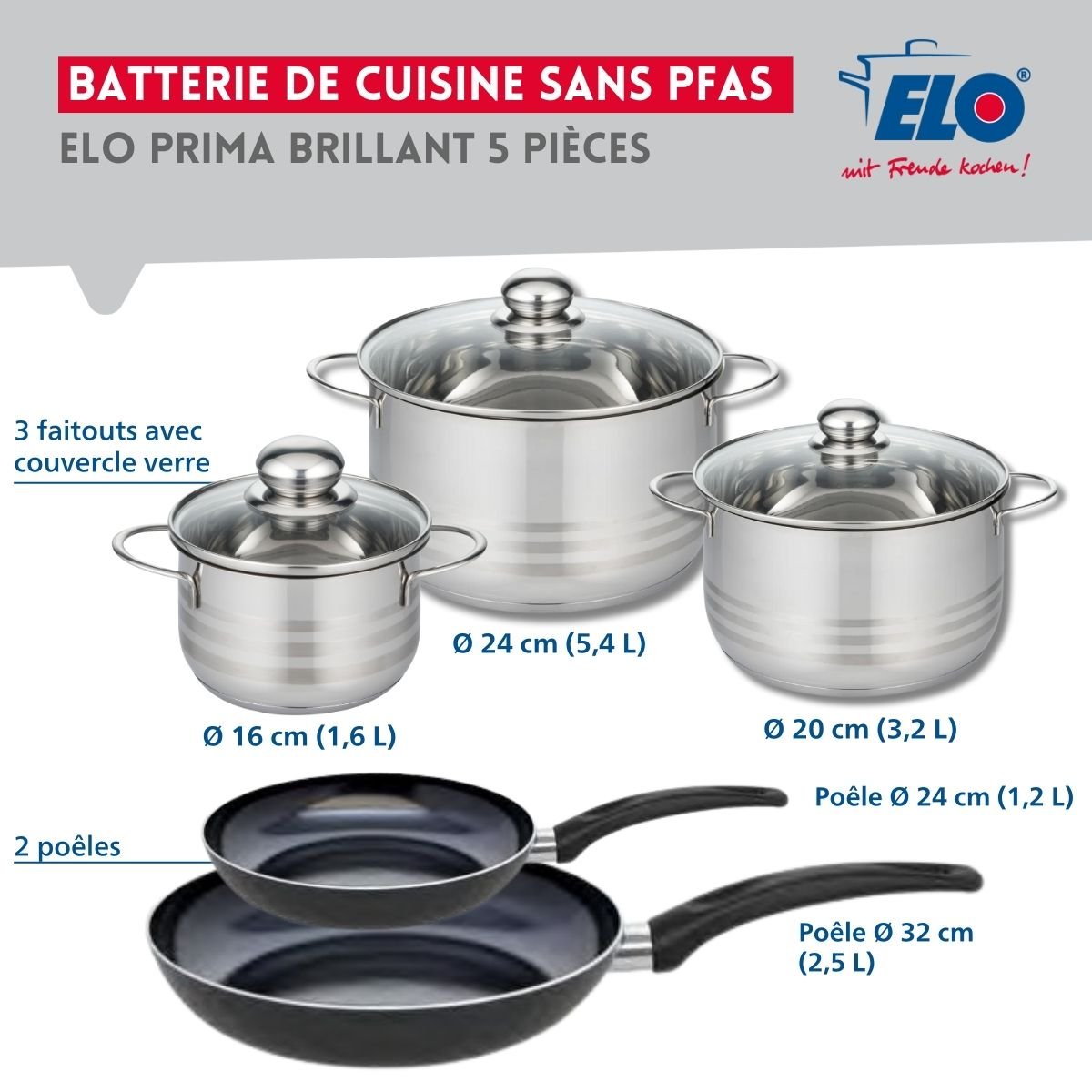 Batterie 2 poêles 24/32cm + 3 faitouts 16/20/24cm PRIMA BRILLANT noir, ELO