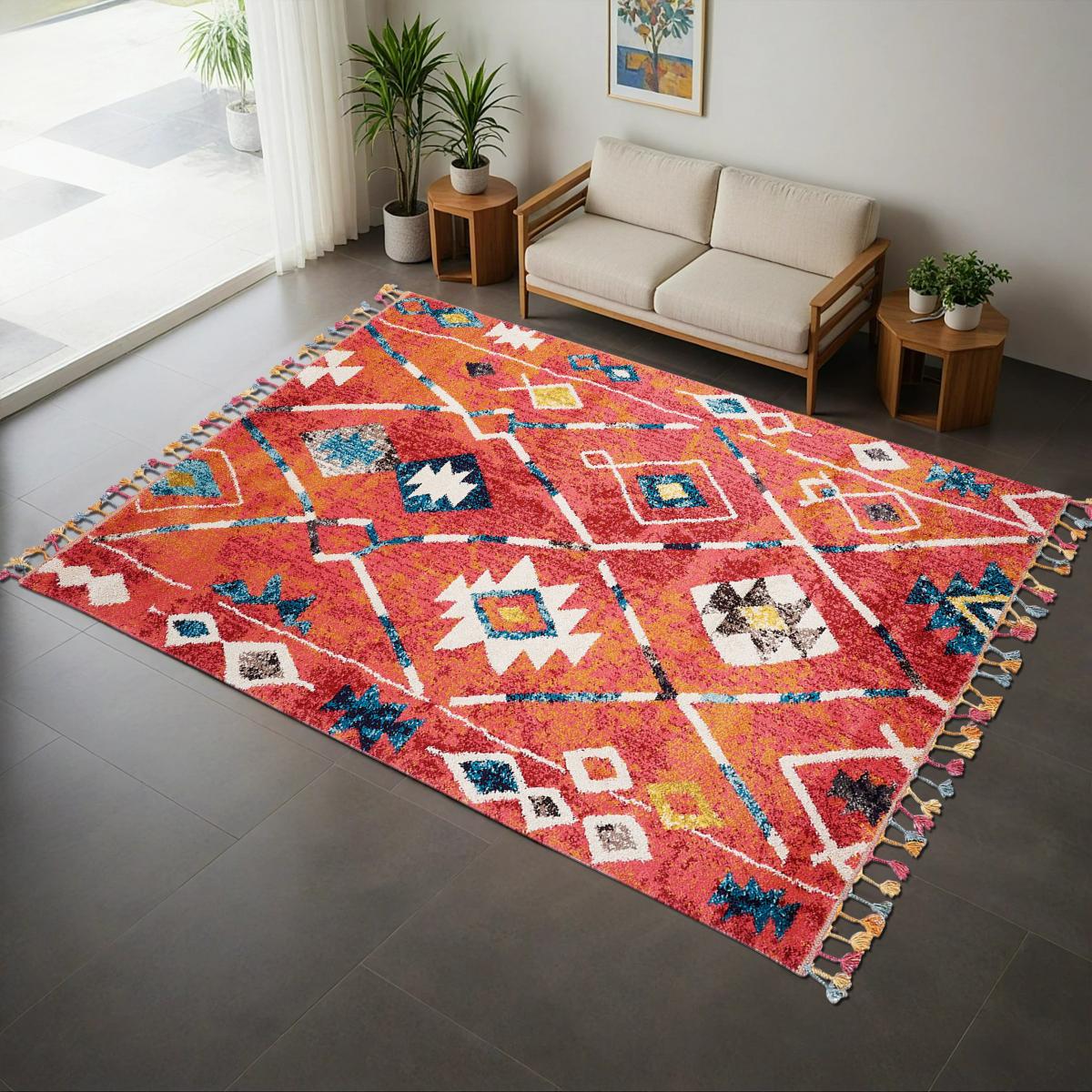 Tapis berbère tissé motifs tribaux LYN5 OURIKA B bleu, jaune, rose, orange, blanc, UN AMOUR DE TAPIS
