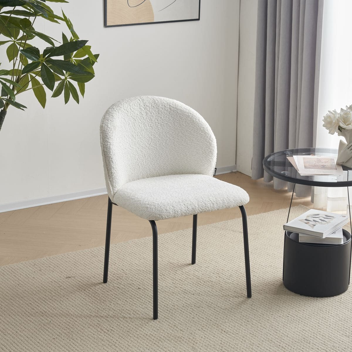 Lot de 2 chaises de salle à manger en tissu bouclette - NOE ecru, HOMIFAB