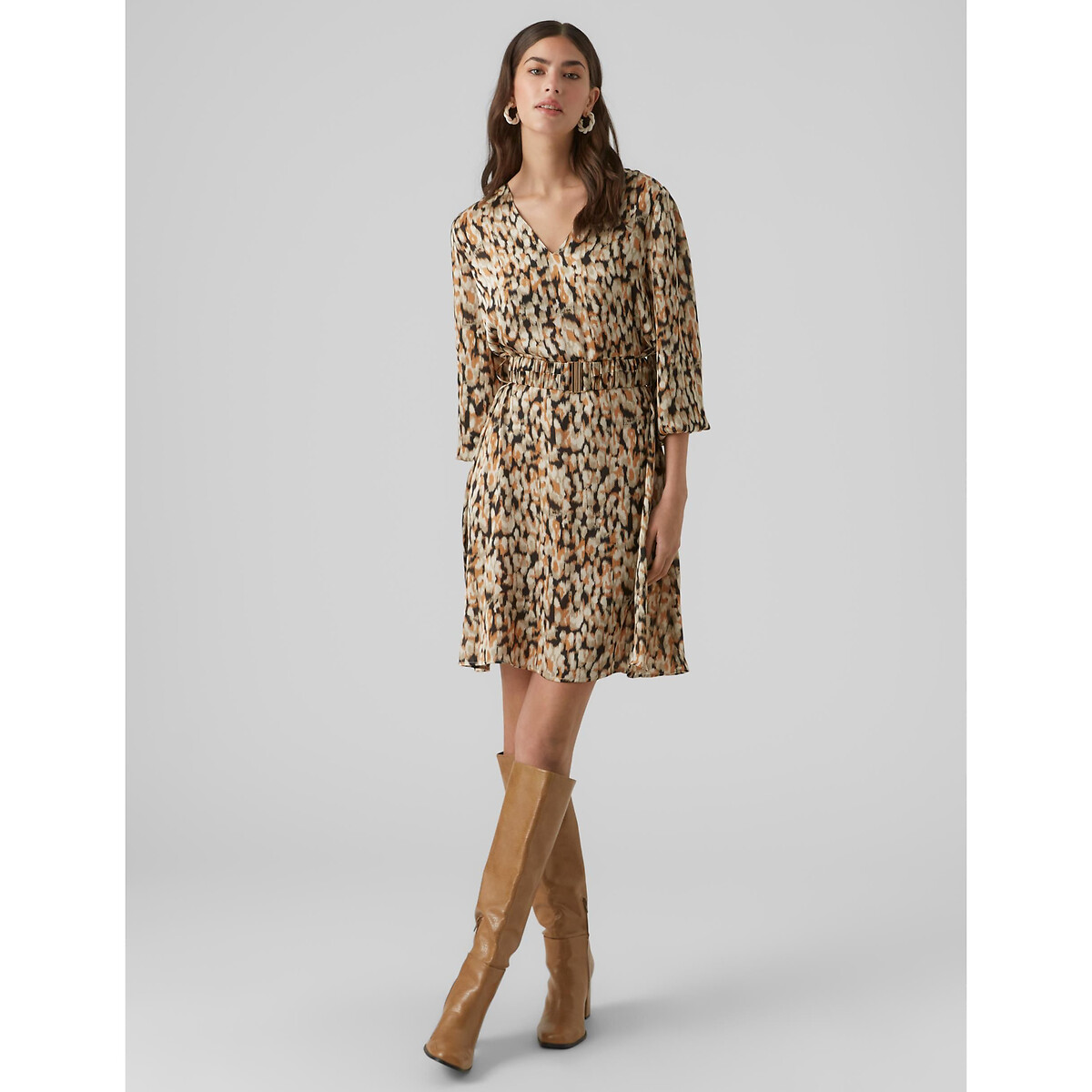 Robe courte imprimée, ceinturée imprimé écru, VERO MODA