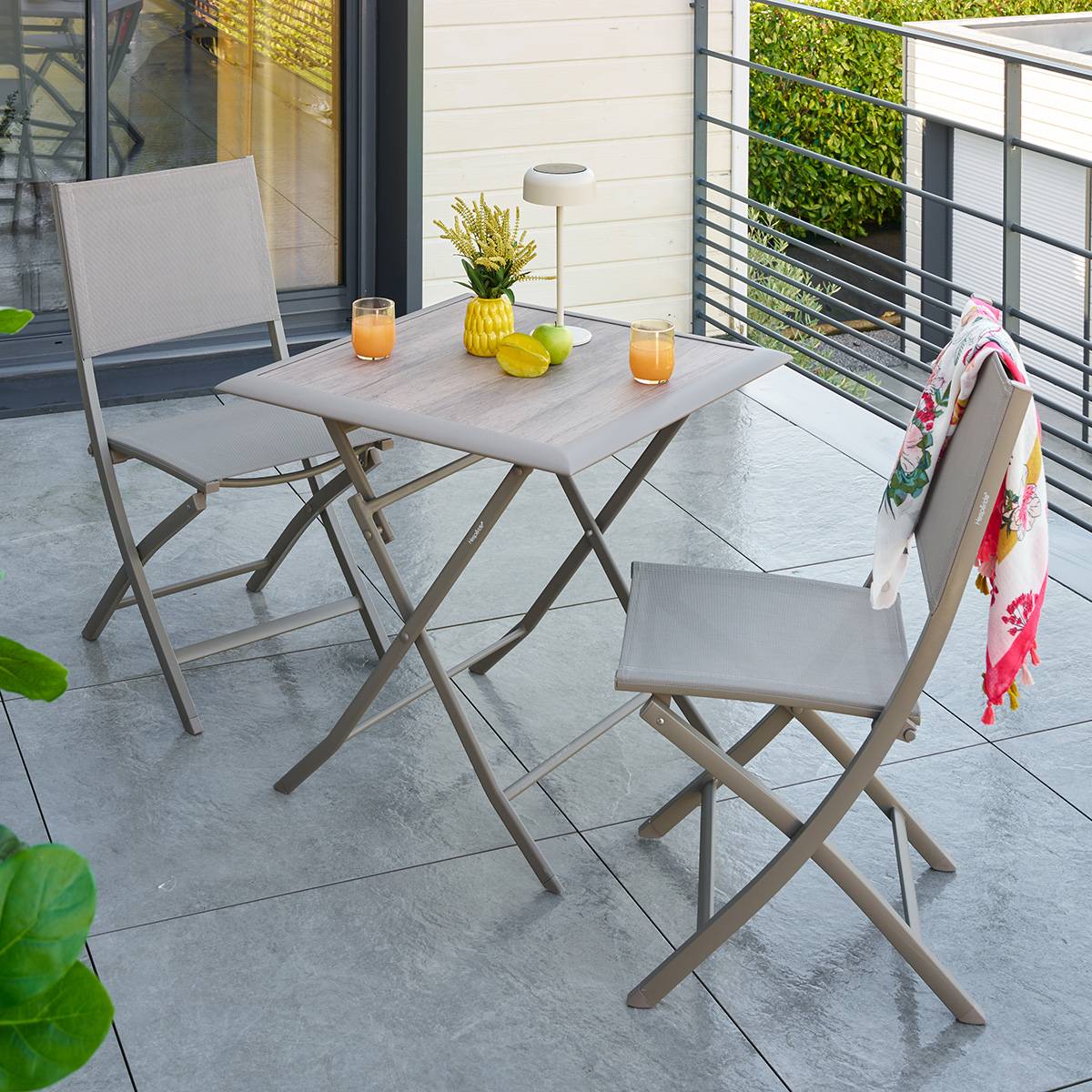 Table de jardin pliable 2 places en aluminium et verre effet bois AZUA cafe, HESPERIDE