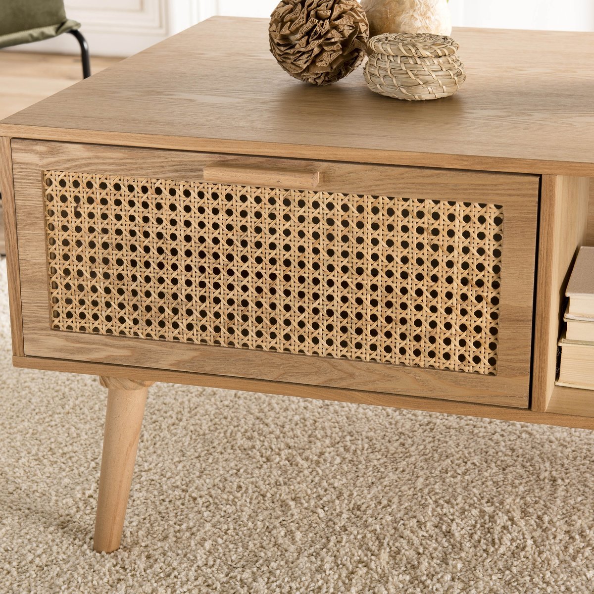 Table basse 100x60cm en bois et tiroir cannage en rotin style vintage PALMA bois naturel, PIER IMPORT