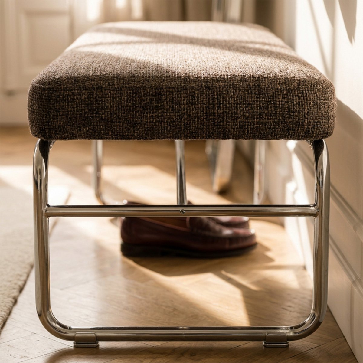 Banc en tissu pieds chrome L120cm- HENRI marron, DRAWER