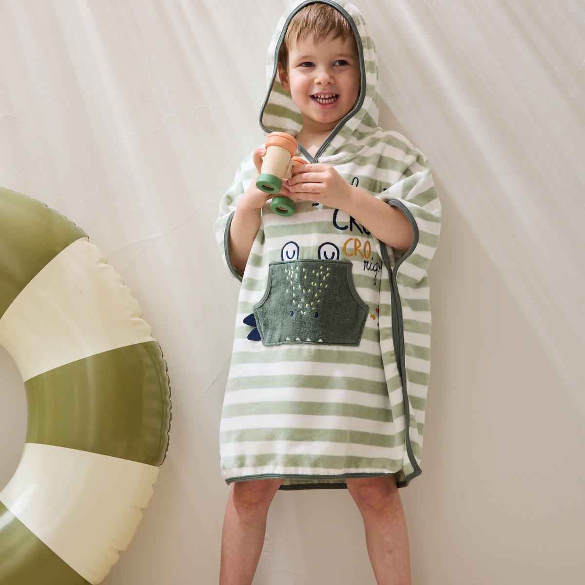 Poncho de bain bébé Crocro rigolo kaki, PETIT BEGUIN
