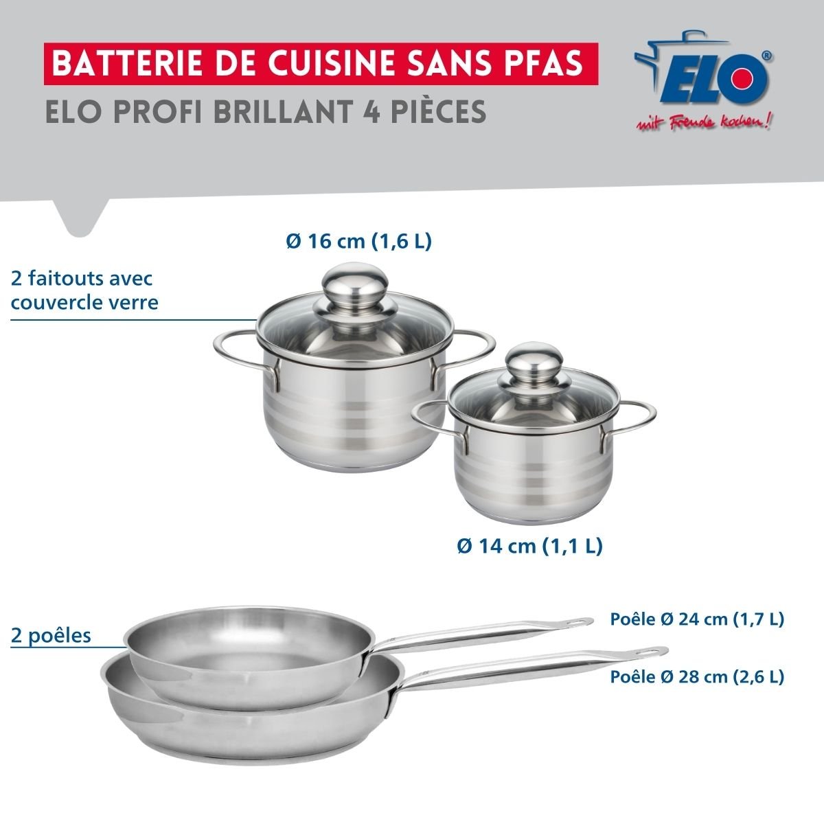 Batterie 2 poêles 24/28cm + 2 faitouts 14/16cm PROFI BRILLANT gris, ELO