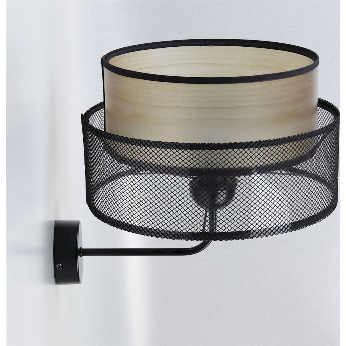 Applique murale ronde effet bois, DUO ÉLÉGANT noir maille avec intérieur effet bois, BPS KONCEPT