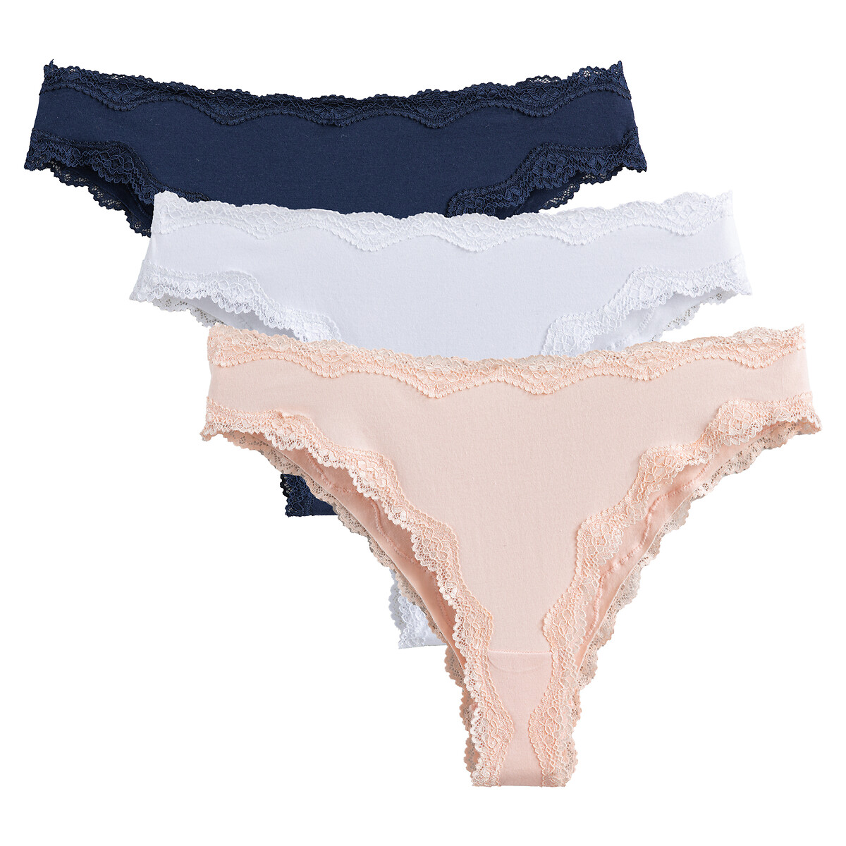 Pack of 3 Tangas in Cotton/Lace white/pink/blue, LA REDOUTE COLLECTIONS