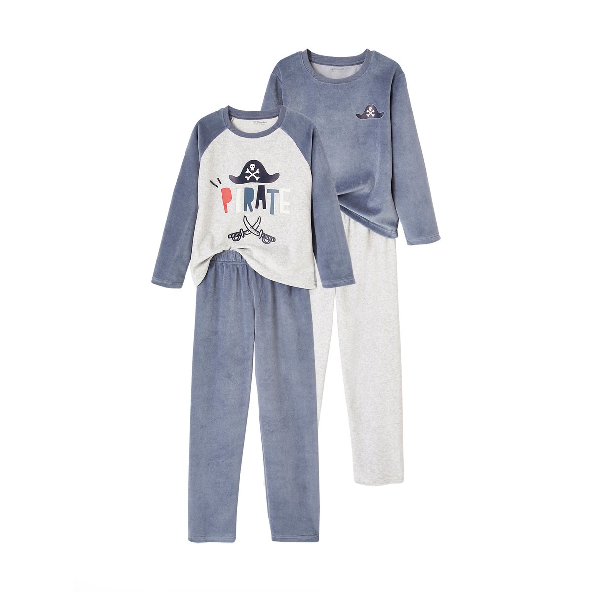 Lot de 2 pyjamas pirates en velours bleu grisé, VERTBAUDET