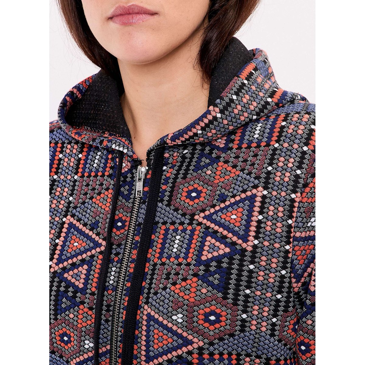 Sweat zippé maille jacquard YUMI bleu orange, LA FIANCÉE