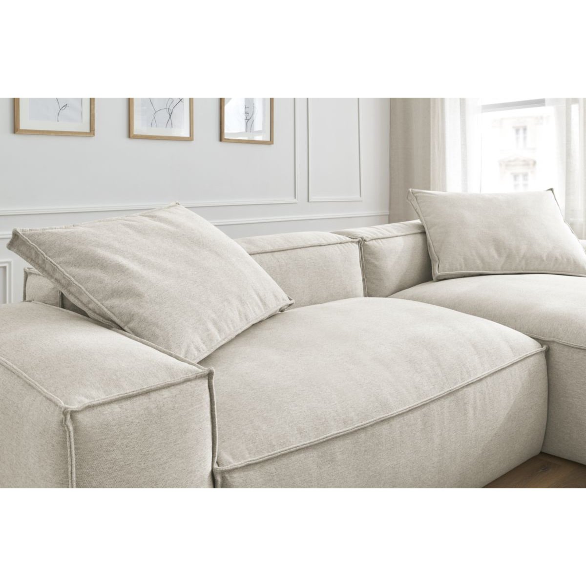 Canapé d'angle fixe 3 places en tissu chiné, BOHEME beige, BOBOCHIC