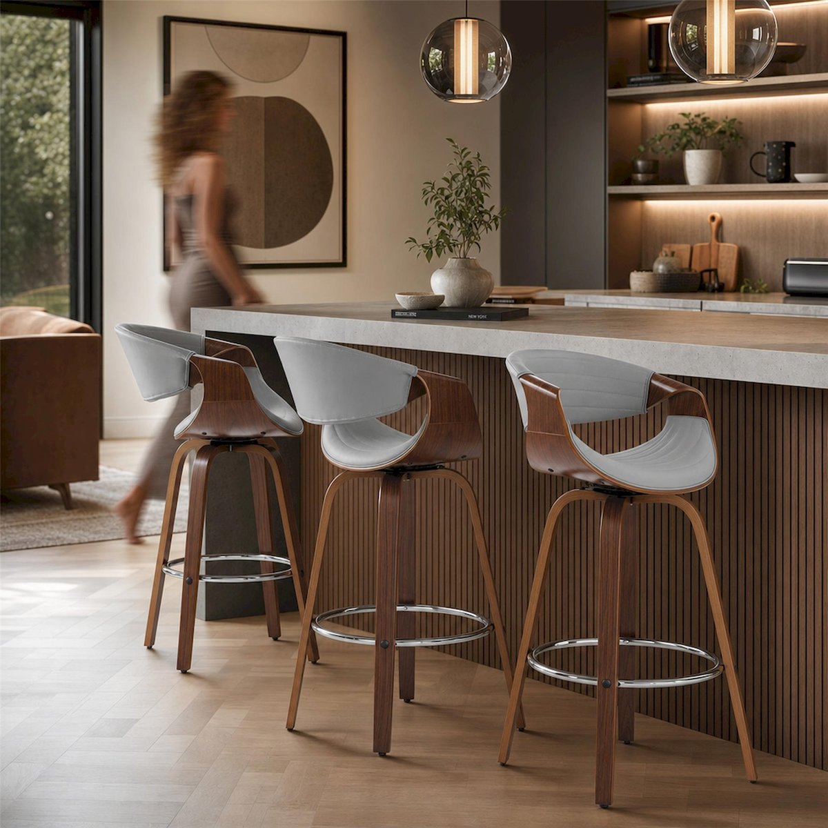 Tabouret de bar MALLATE gris et noyer, RECOLLECTION