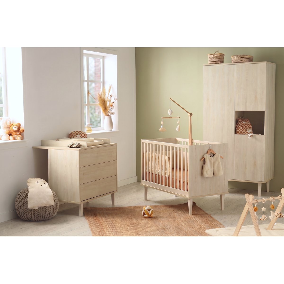 Commode à langer 3 tiroirs sur pieds - décor bois hêtre cendré beige, SAUTHON