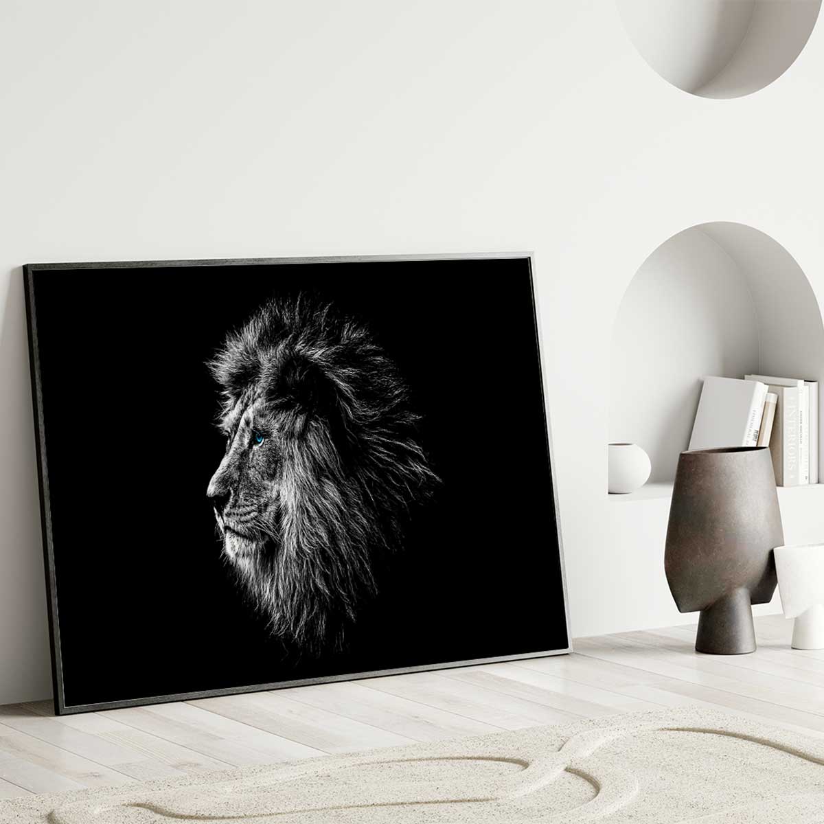 Affiche encadrée lion noir et blanc regard bleu affiche + cadre en métal - noir, HEXOA