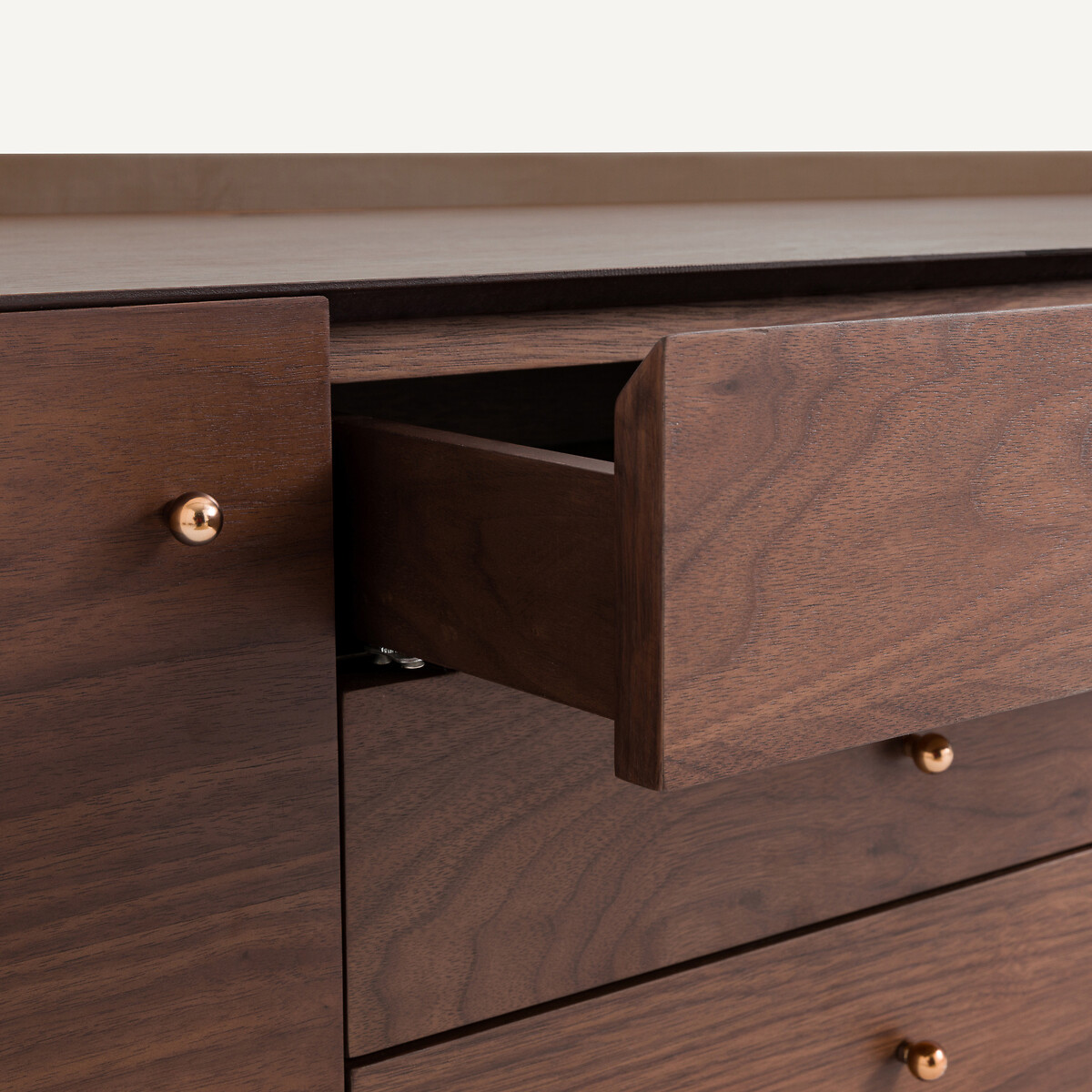 Meuble télé hifi plaqué noyer et cuir, Firmo noyer, AM.PM