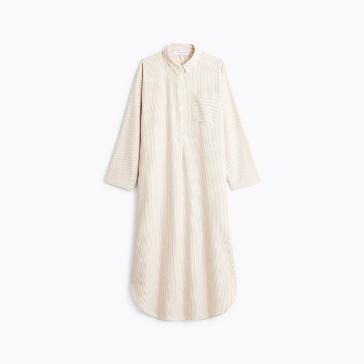 Chemise de nuit longue col classique en flanelle de coton FLANELLE RAYÉE beige, LAURENCE TAVERNIER