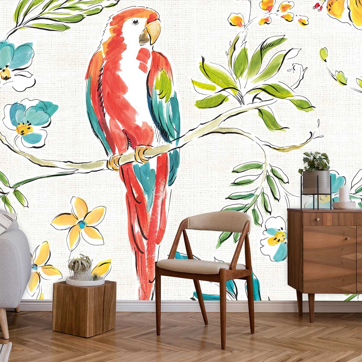 Papier peint exotique perroquet et fleurs intissé, HEXOA