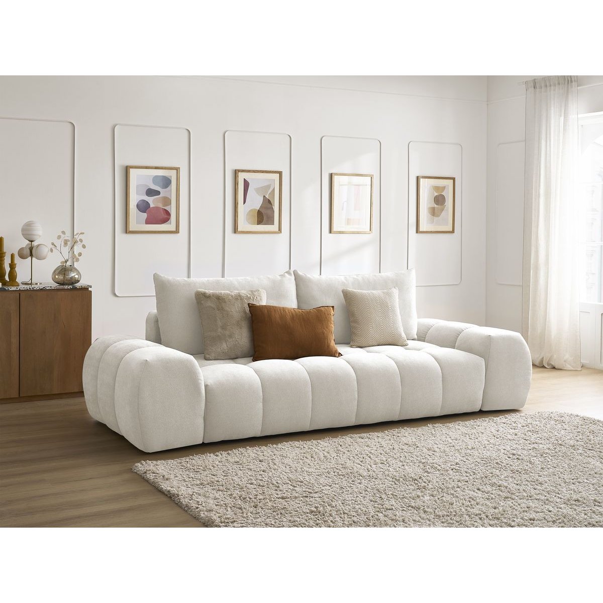 Canapé droit fixe 3 places en tissu texturé, EVEREST blanc, BOBOCHIC