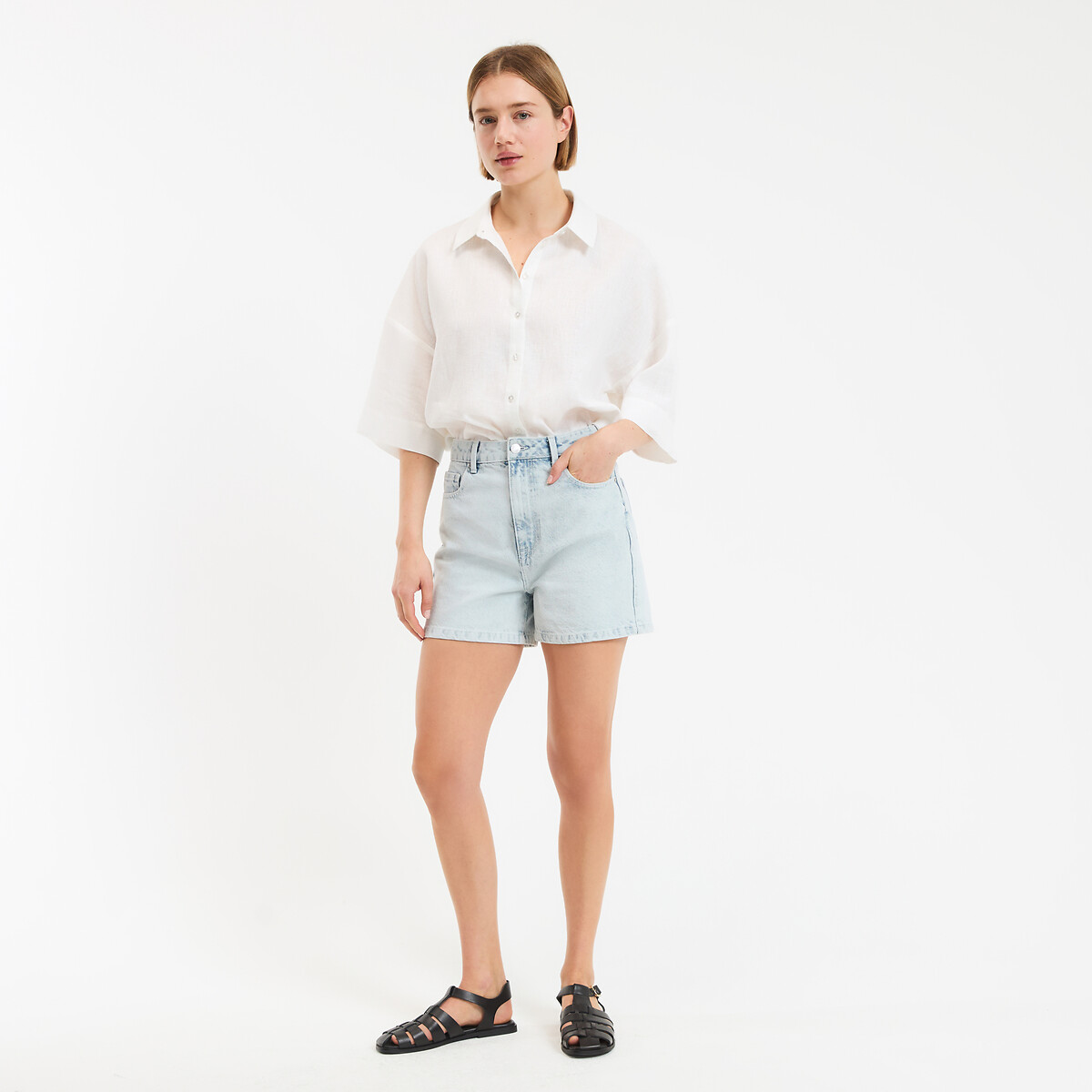 Short en denim, taille haute bleu bleach, LA REDOUTE COLLECTIONS
