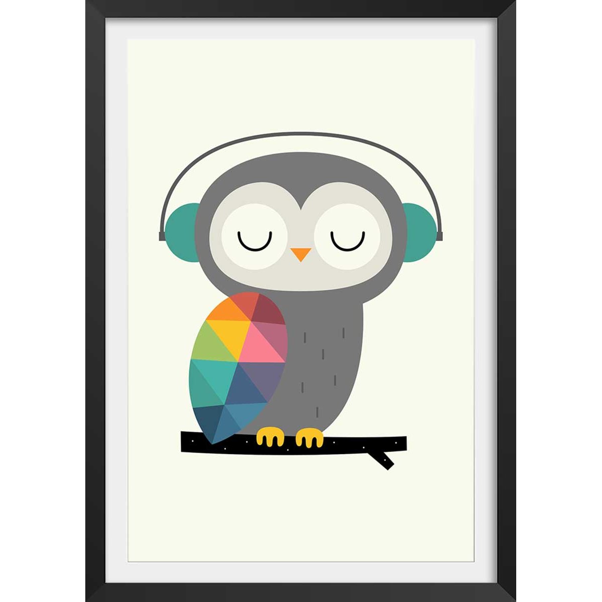 Affiche hibou music affiche + cadre en bois - noir, HEXOA