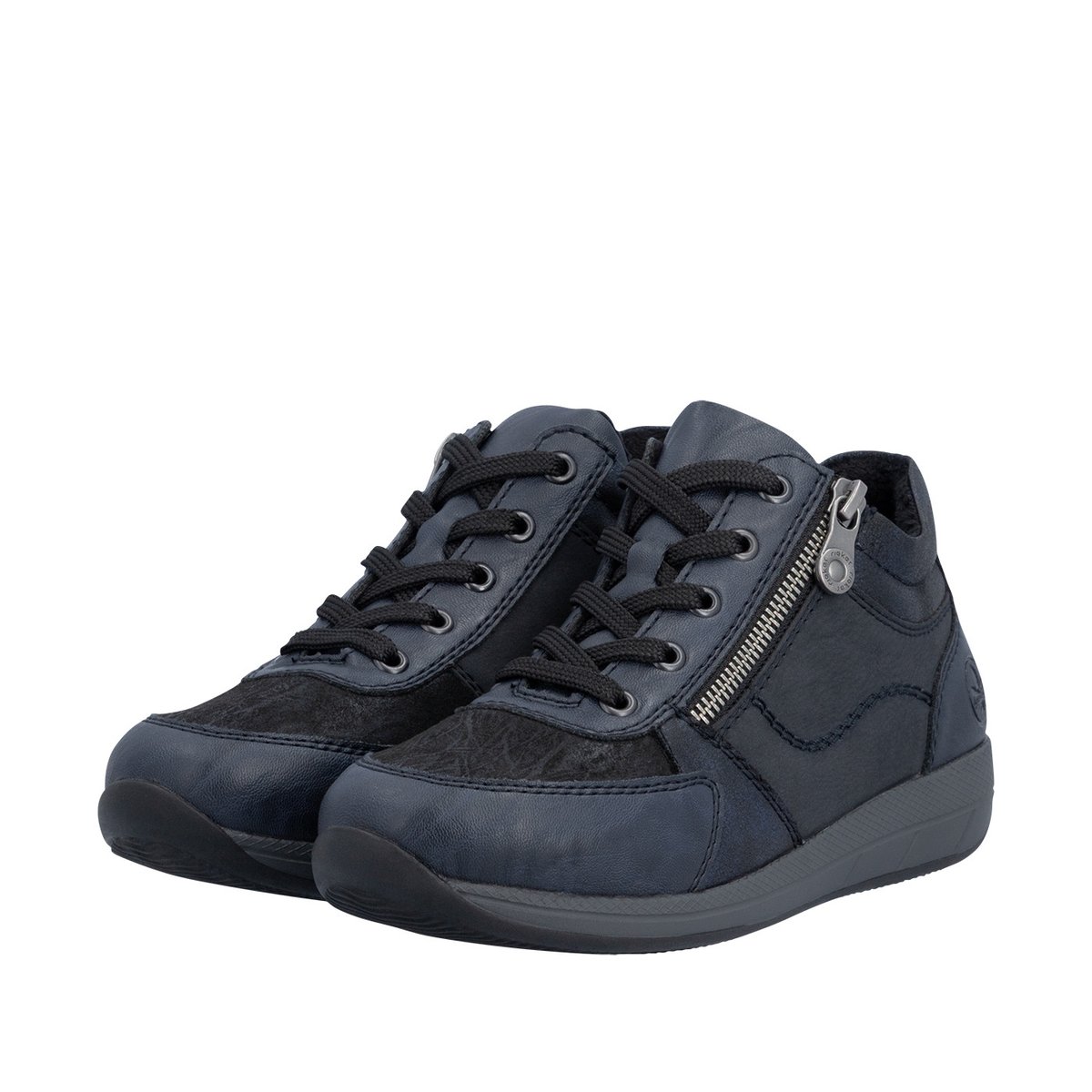 Sneakers bleu marine à talon plat pourvues de lacets et d'un zip bleu foncé, RIEKER