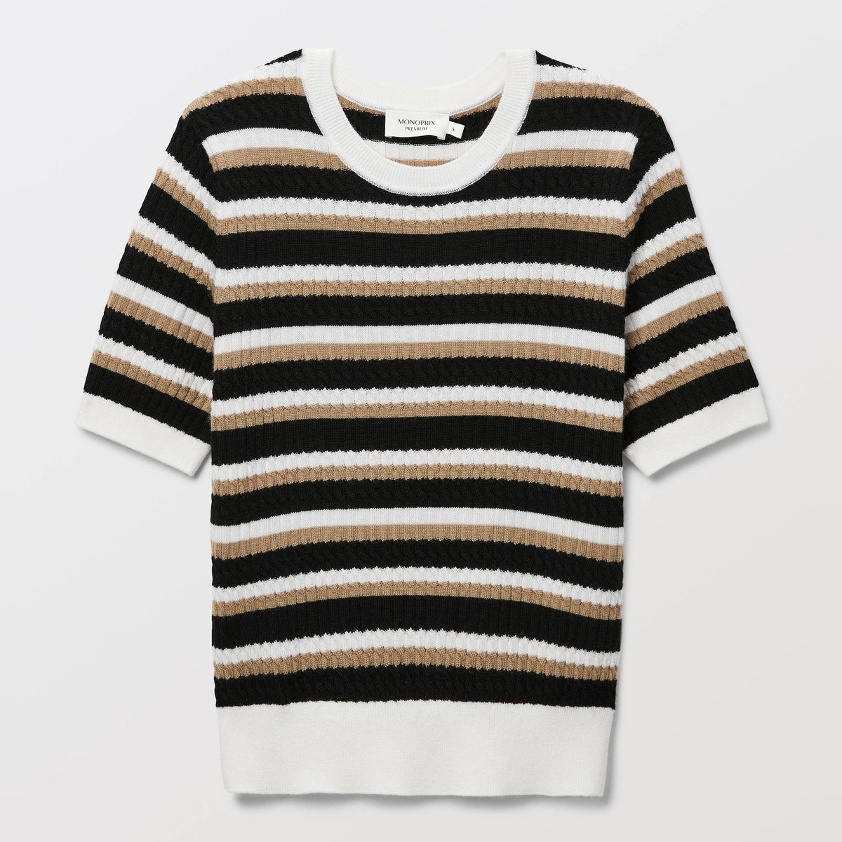 Pull col rond ajouré en coton BIO beige, MONOPRIX