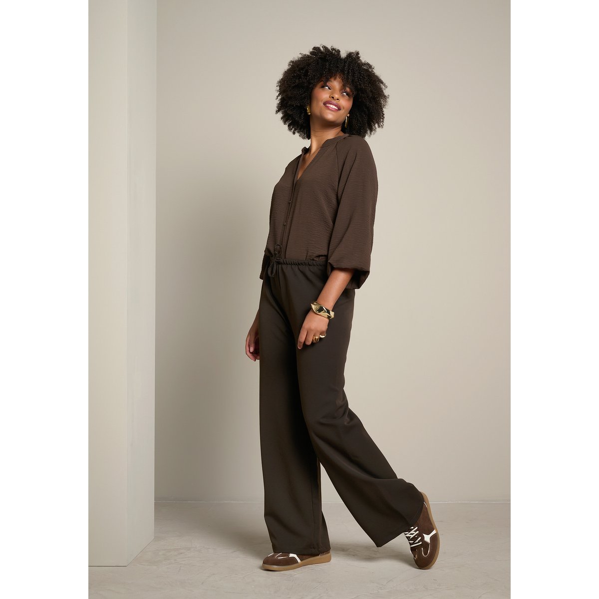 Blouse fluide à col mao brun fonce chocolate, LOLALIZA