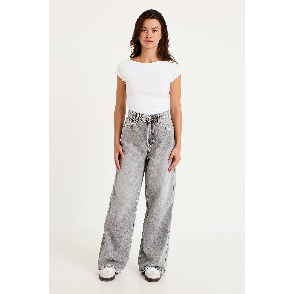 Jean wide leg taille haute Petite denim gris, CACHE CACHE