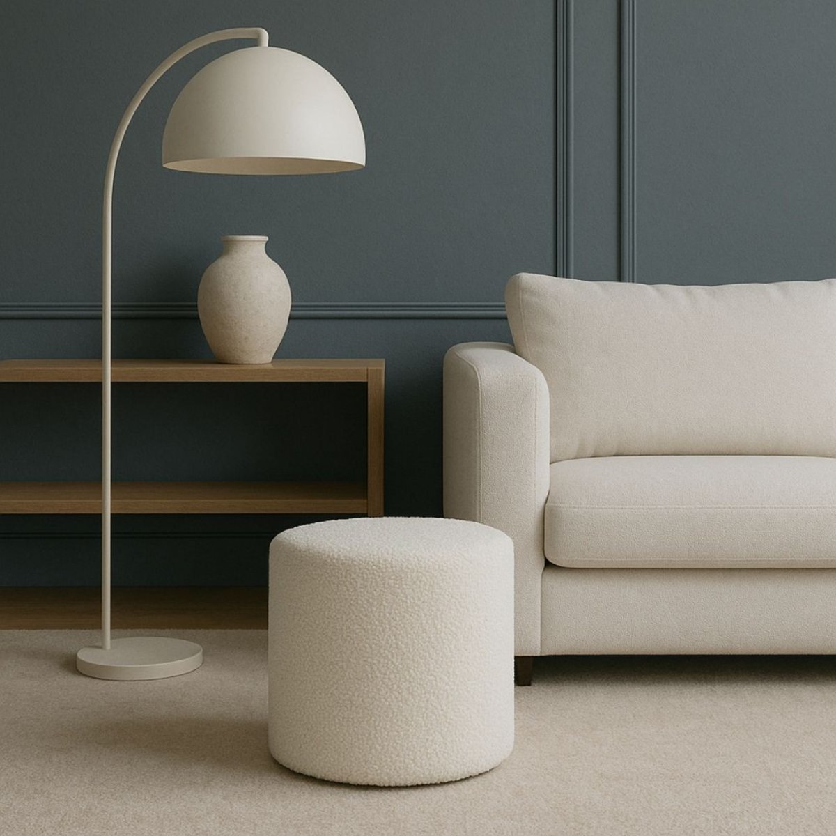 Pouf rond en tissu bouclette 33cm blanc, ORNAMI